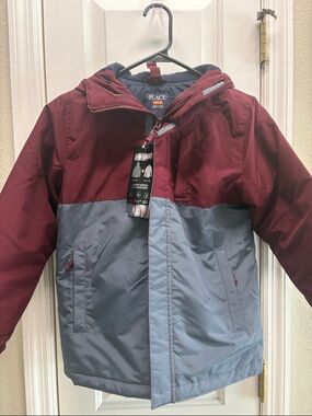 The Children's Place Maroon and Gray Colorblock Puffer Jacket with Navy Lining